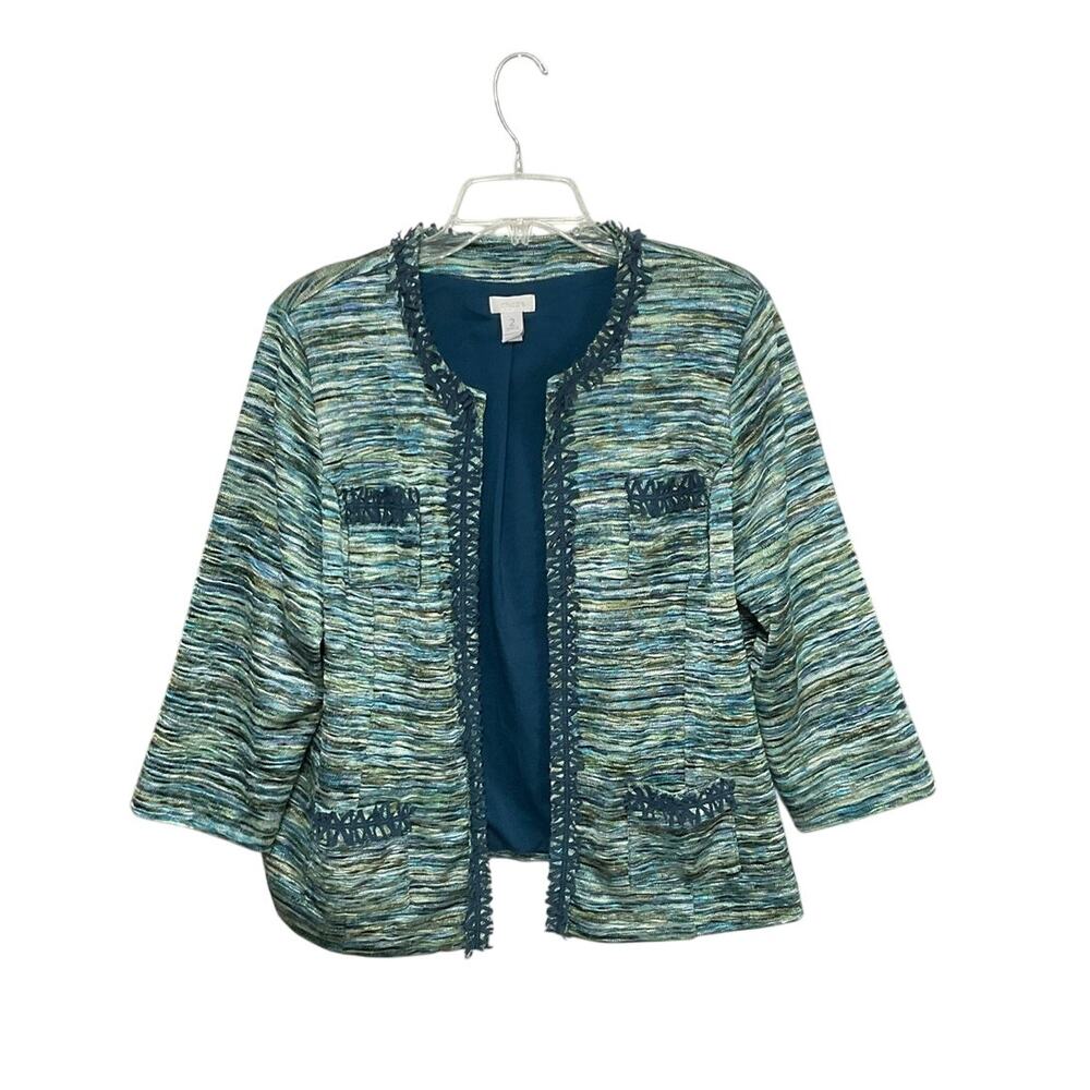 Chico's Green Blue Striped Open Front Fringe Trim Blazer Jacket Size Large